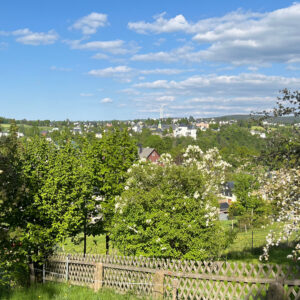 Blick vom Pfarrrgarten Schönbrunn aus auf Wolkenstein mit Schloss und Kirche